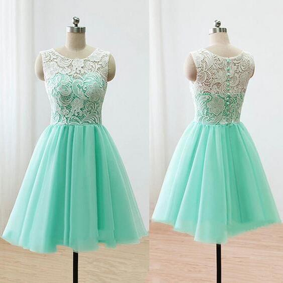 Sleeveless Green Prom Dress, Illusion Lace Prom Dresses With Buttons
